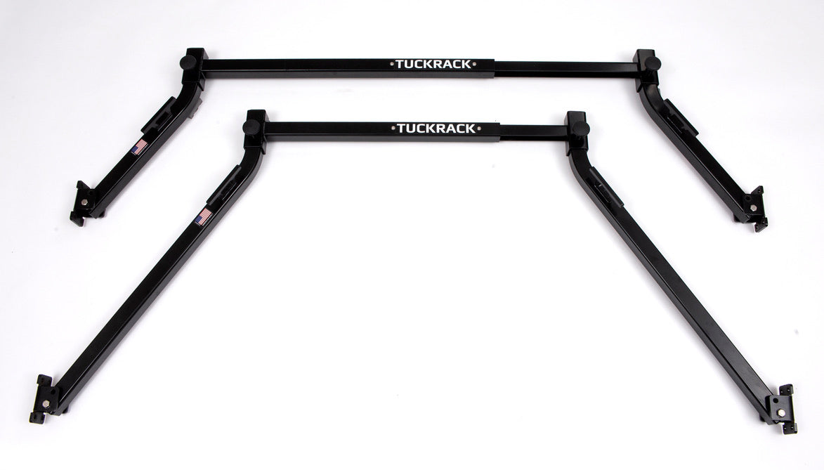 Two black TuckRack racks on a white background